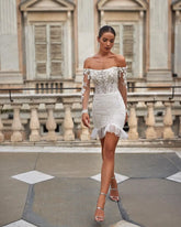 LSYX Boat Neck Long Sleeves Sheath Tulle Mini Wedding Dress For Women Open Back Above Knee Short Bridal Gown Custom Made White